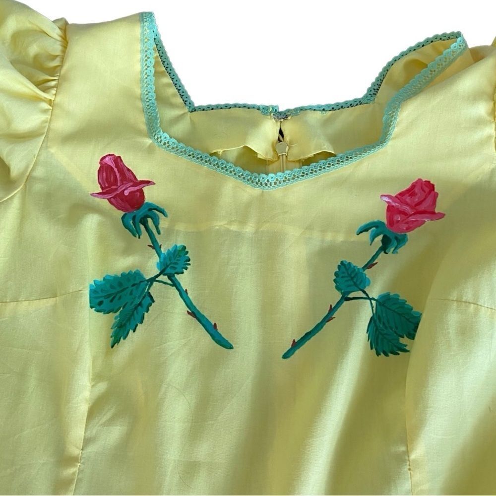 Vintage Square Dance Dress Hand Painted Roses RicRac Ruffles Yellow - Picture 3 of 6